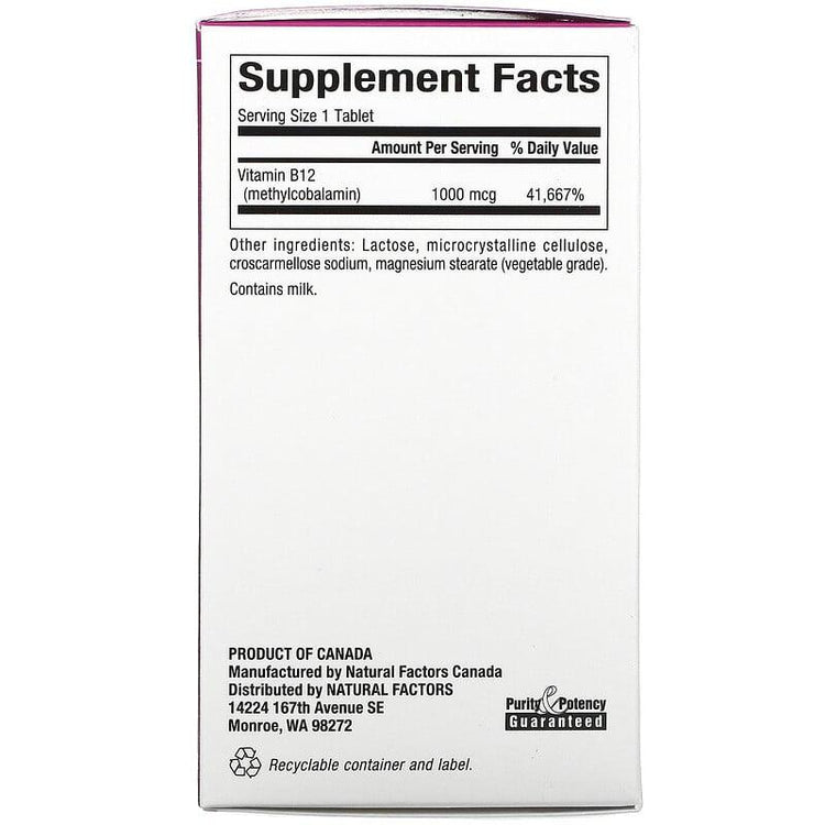 Natural Factors B12 Methylcobalamin 1,000 mcg, 90 Chewable Tablets - NZ Health Store