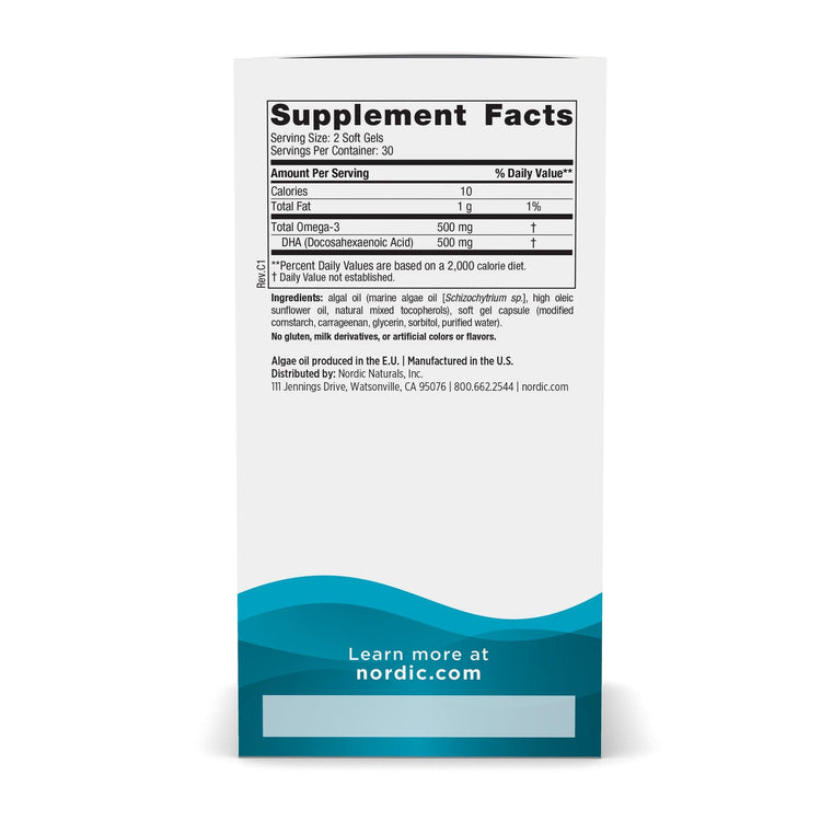 Nordic Naturals Algae DHA 500 mg, 60 Soft Gels - NZ Health Store