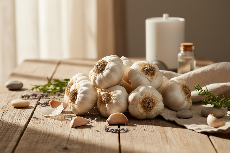 garlic bulbs in a rustic pile on a table