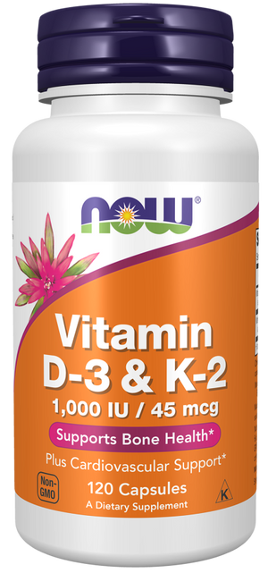 Now Vitamin D-3 1,000IU  & K-2 45mcg, 120 Capsules