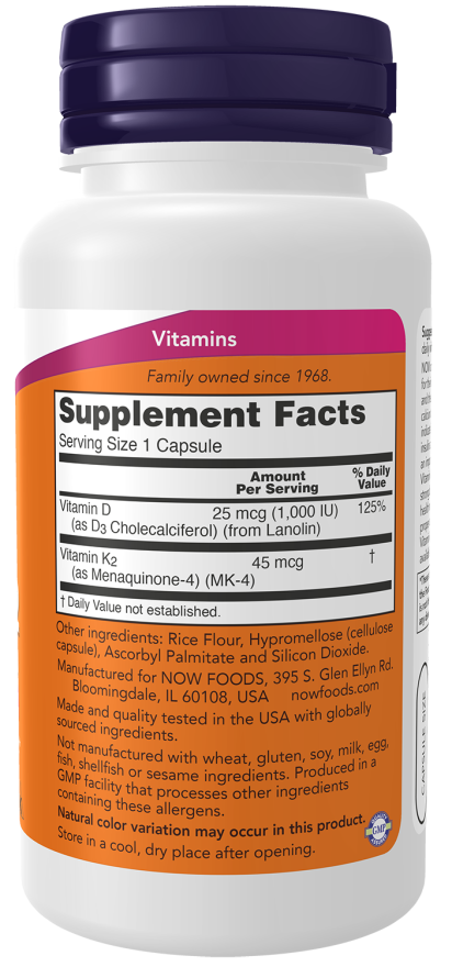 Now Vitamin D-3 1,000IU  & K-2 45mcg, 120 Capsules