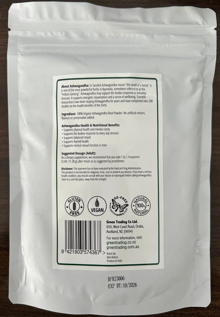 Green Trading Ashwagandha Powder 250g Back of Packet 